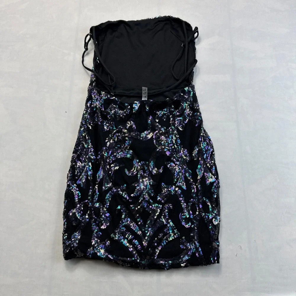 Lucy in the Sky Cocktail Dress Womens M Black Lined Iridescent Sequin Sleeveless